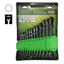 Kombinovani ključevi sa krckalicom i zglobom, set 12/1 (8–19 mm). Precizna krckalica 72 zuba i ugao povrata od 5°, zglobna glava 0°–180° JBM